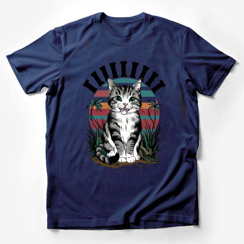 Tropical Beach Sunset Cat T-Shirt, Cute Kitten Graphic Tee, Casual Summer Feline Fashion Top, Unisex Male T-Shirt