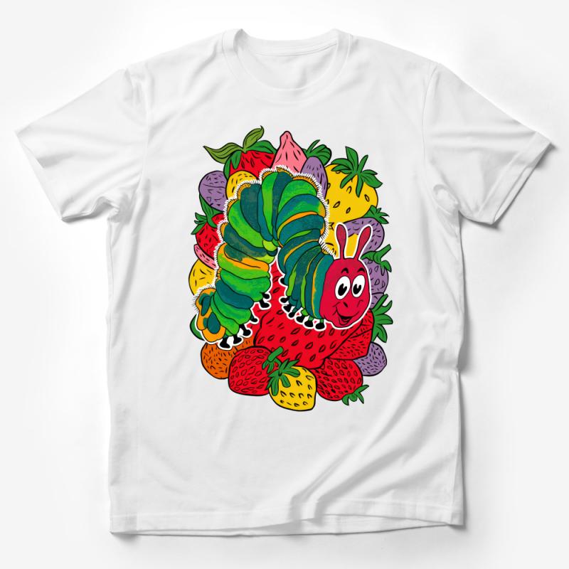 Colorful Cartoon Caterpillar Fruit T-Shirt, Unisex Kids Fun Graphic Tee, Vibrant Summer Shirt, Cute Insect and Berries Top Male T-Shirt