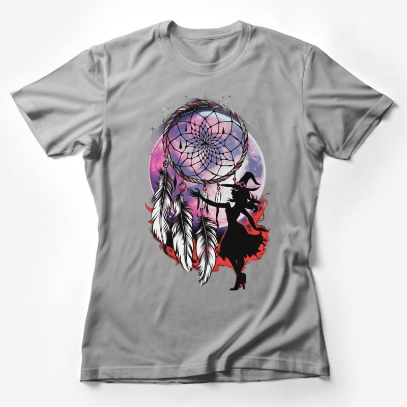 Witch Silhouette Dreamcatcher T-Shirt, Mystic Moon Feathers Graphic Tee, Fantasy Art Women's Top, Unique Bohemian Clothing Gift Idea Female T-Shirt