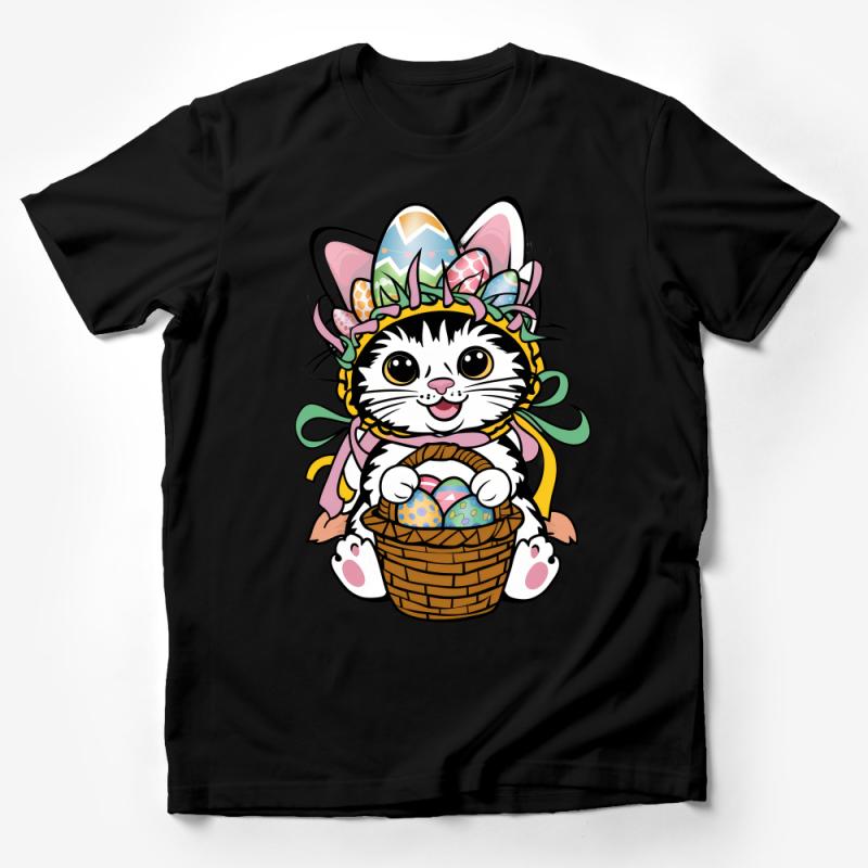 Cute Easter Cat T-Shirt, Colorful Easter Eggs and Basket, Kitten Lover Gift, Funny Spring Holiday Tee, Unisex Graphic Shirt Male T-Shirt