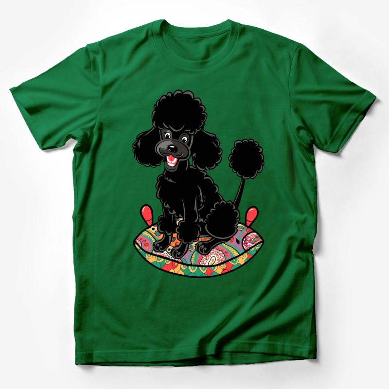 Cute Black Poodle on Colorful Surfboard T-Shirt, Fun Summer Beach Dog Tee, Unisex Graphic Shirt for Pet Lovers Male T-Shirt