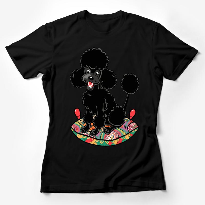 Cute Black Poodle on Colorful Surfboard T-Shirt, Fun Summer Beach Dog Tee, Unisex Graphic Shirt for Pet Lovers Female T-Shirt