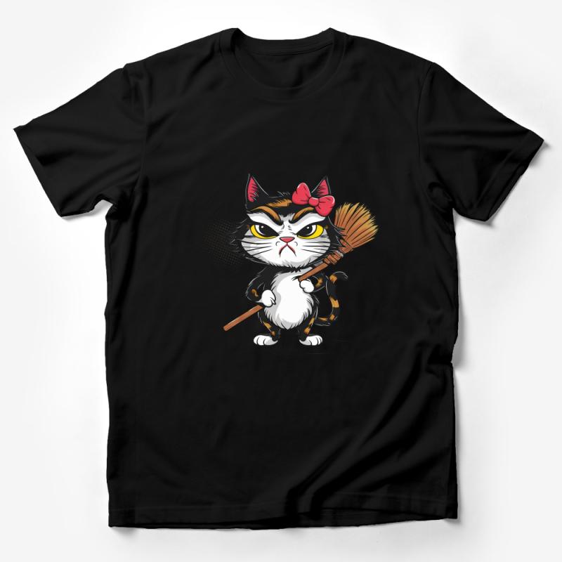 Cute Witch Cat T-Shirt, Whimsical Kitten with Broom, Feline Halloween Tee, Bow and Stripes, Animal Lovers Gift, Unisex Graphic Shirt Male T-Shirt