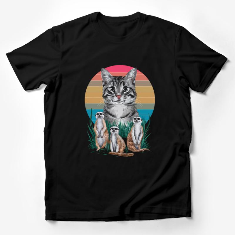 Whimsical Cat and Meerkats T-Shirt, Unique Animal Friends Tee, Graphic Shirt for Nature Enthusiasts, Colorful Illustration Top Male T-Shirt