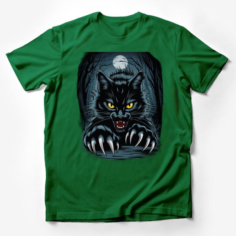 Men's Black Cat T-Shirt, Full Moon Feline Graphic Tee, Halloween Spooky Cat Lovers Shirt, Cool Goth Clothing Male T-Shirt