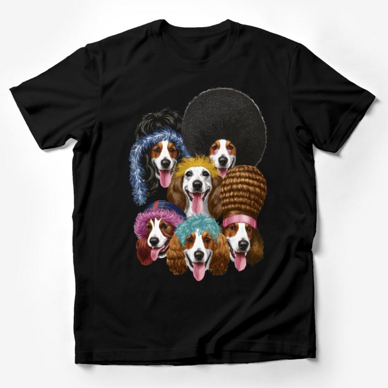 Colorful Cartoon Dogs Wearing Hats T-Shirt, Cute Puppies Graphic Tee, Animal Lover Casual Clothing, Gift Idea Male T-Shirt