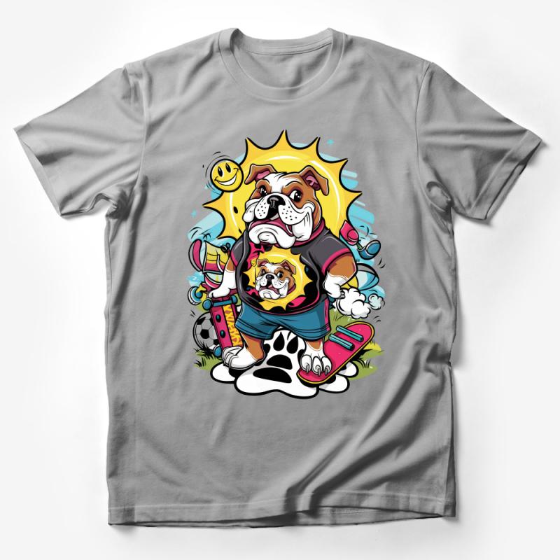 Colorful Bulldog Cartoon T-Shirt, Sun and Paws Graphic Tee, Fun Dog Lover Gift, Unisex Tee for Pet Owners Male T-Shirt