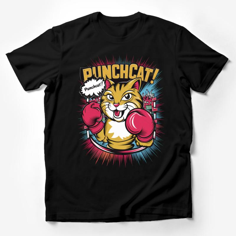 Funny Punchcat Cartoon T-Shirt, Comic Style Cat with Boxing Gloves Tee, Unisex Graphic Shirt for Cat Lovers, Casual Wear Male T-Shirt