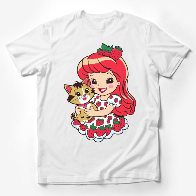 Kids Strawberry Themed T-Shirt, Cute Cartoon Girl and Cat Design, Adorable Fruit Print Top, Summer Children's Wear, Casual Cotton Tee Male T-Shirt