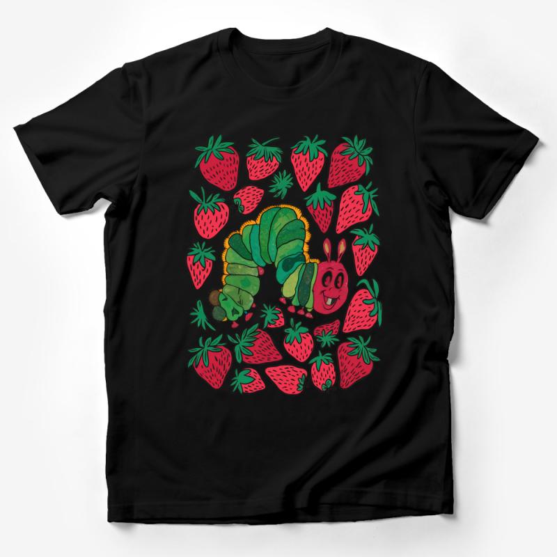 Cute Caterpillar and Strawberries T-Shirt, Unisex Graphic Tee, Nature Inspired Shirt, Fruit and Bug Illustration Male T-Shirt