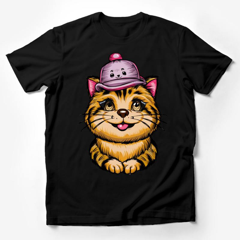 Cute Cat with Pink Hat T-Shirt, Whimsical Kitty Tee, Cartoon Feline Art, Unisex Cat Lover Gift, Graphic Shirt for All Ages Male T-Shirt