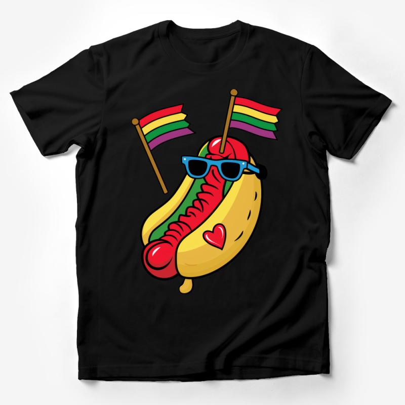 Pride Hot Dog Cartoon T-Shirt, Colorful Rainbow Flag Graphic Tee, Unisex Summer Festival Food Shirt Male T-Shirt