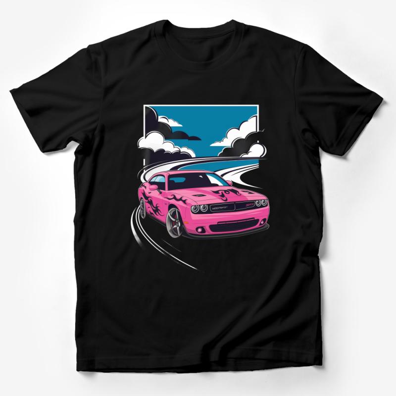 Pink Muscle Car Graphic Tee, Unisex Dodge Challenger T-Shirt, Casual Streetwear, Car Enthusiast Gift, Cool Automotive Apparel Male T-Shirt