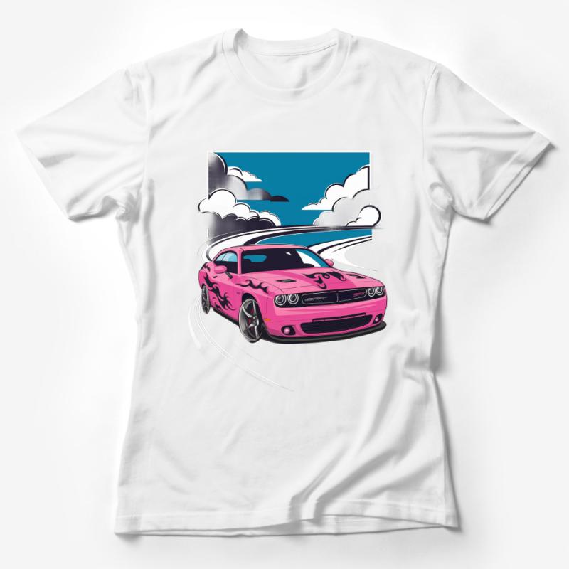 Pink Muscle Car Graphic Tee, Unisex Dodge Challenger T-Shirt, Casual Streetwear, Car Enthusiast Gift, Cool Automotive Apparel Female T-Shirt