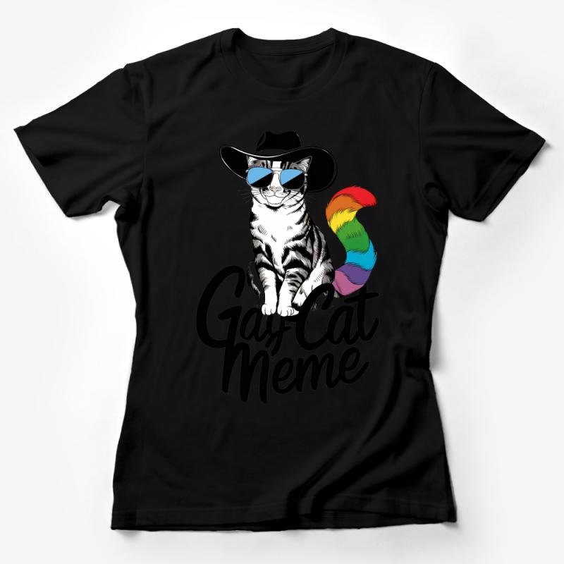 Cool Cat T-Shirt, Rainbow Tail Cat with Hat, Gay Cat Meme Graphic Tee, Unisex Fashion Shirt, LGBTQ Pride Apparel, Casual Streetwear Female T-Shirt