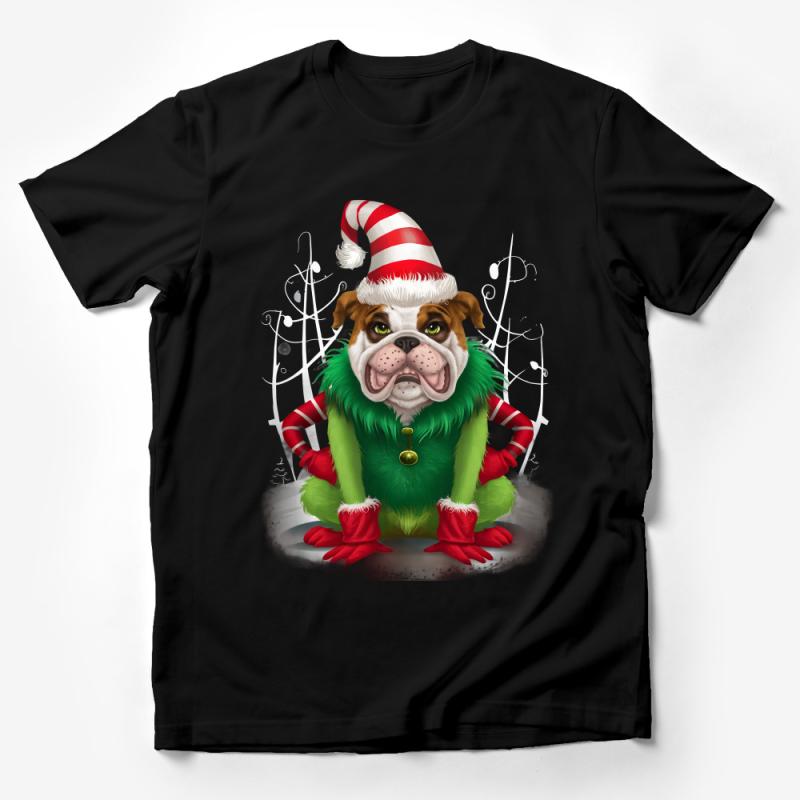 Festive Bulldog T-Shirt, Cute Christmas Dog in Elf Costume, Holiday Pet Lover Gift, Unisex Graphic Tee, Xmas Party Outfit Male T-Shirt