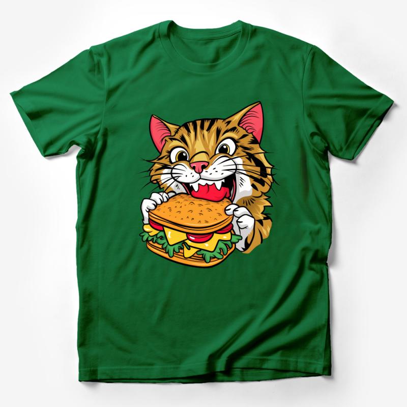 Cartoon Cat Burger T-Shirt, Funny Feline Cheeseburger Lover Tee, Unisex Graphic Novelty Shirt, Gift for Cat Owners Male T-Shirt