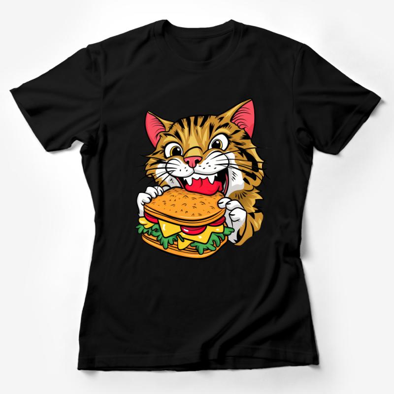 Cartoon Cat Burger T-Shirt, Funny Feline Cheeseburger Lover Tee, Unisex Graphic Novelty Shirt, Gift for Cat Owners Female T-Shirt