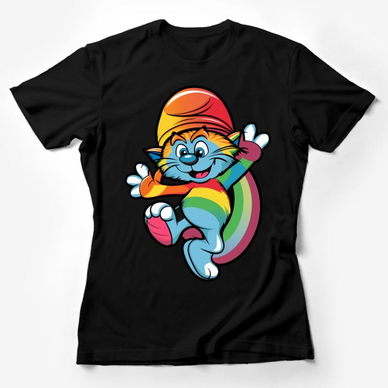 Colorful Cartoon Cat T-Shirt, Fun Feline Graphic Tee, Rainbow Cat Kids and Adult Sizes Female T-Shirt