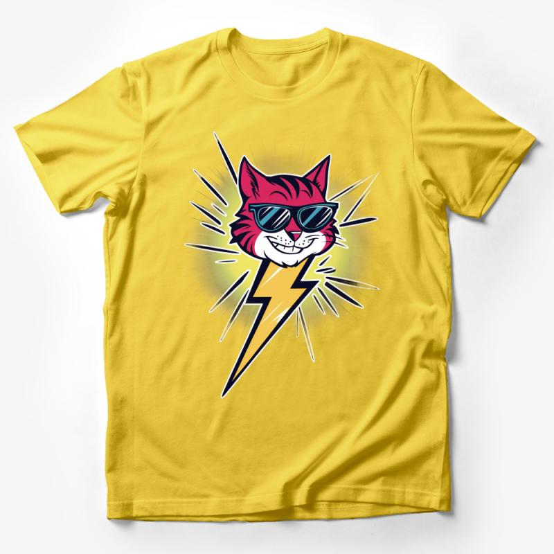 Cool Cat T-Shirt, Vibrant Red Feline Graphic Tee, Retro Style Sunglasses Cat with Lightning Bolt, Unisex Tee Male T-Shirt