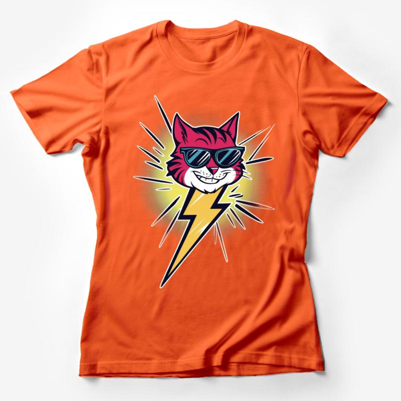 Cool Cat T-Shirt, Vibrant Red Feline Graphic Tee, Retro Style Sunglasses Cat with Lightning Bolt, Unisex Tee Female T-Shirt