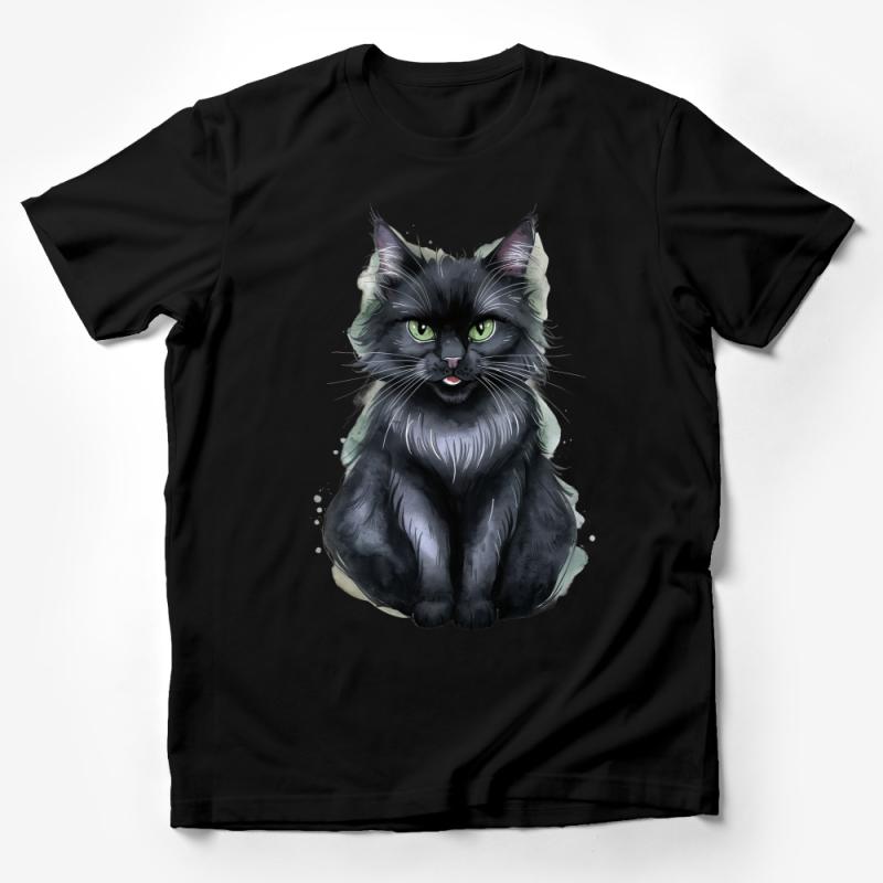 Black Cat Watercolor T-Shirt, Unisex Cat Lover Tee, Whimsical Feline Art Top, Soft Cotton Cat Shirt, Animal Portrait Apparel for All Male T-Shirt