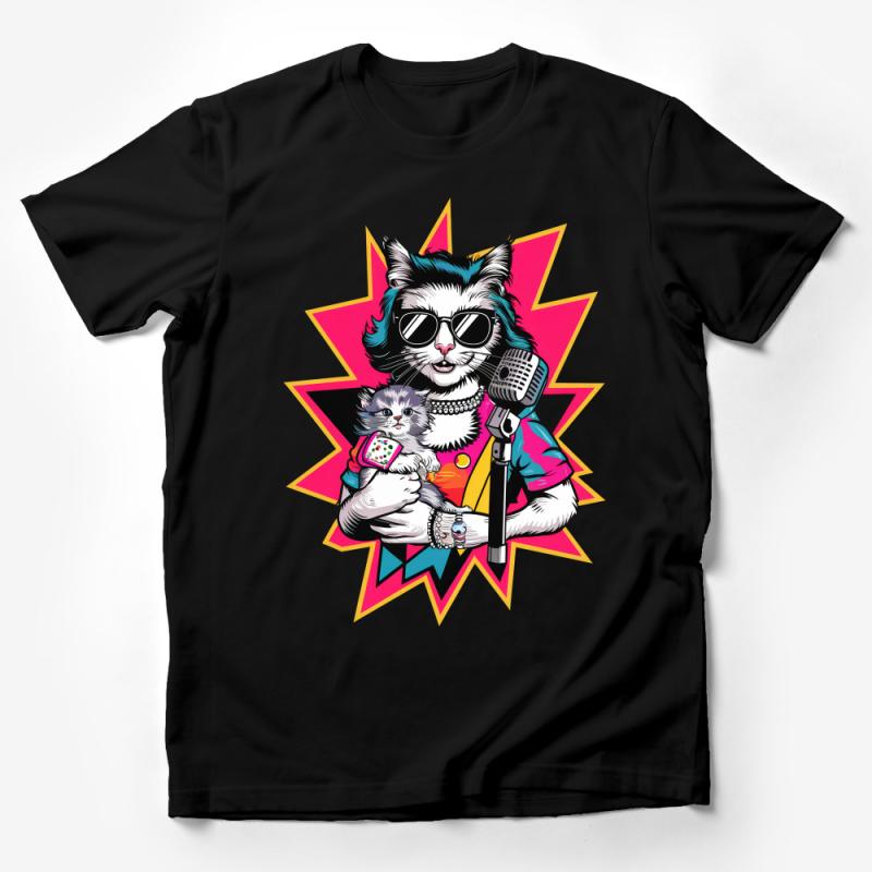 Funky Cat DJ T-Shirt, Retro Style Cool Cat with Sunglasses and Microphone Top, Hipster Feline Graphic Tee, Unisex Casual Wear Male T-Shirt