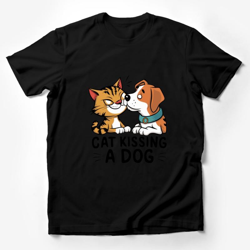 Cute Cat and Dog Kiss T-Shirt, Unisex Graphic Tee, Pet Lovers Casual Shirt, Animal Friendship Soft Cotton Top, Perfect Gift Idea Male T-Shirt