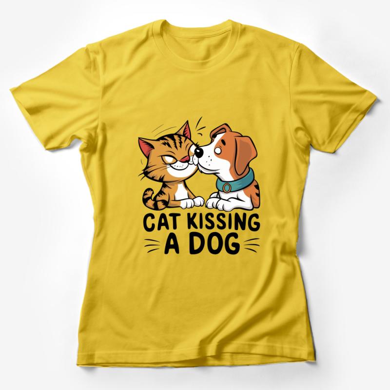 Cute Cat and Dog Kiss T-Shirt, Unisex Graphic Tee, Pet Lovers Casual Shirt, Animal Friendship Soft Cotton Top, Perfect Gift Idea Female T-Shirt