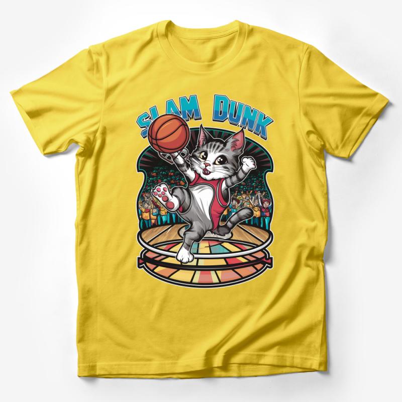 Slam Dunk Cat T-Shirt, Cool Basketball Kitten Tee, Fun Sports Feline Graphic Shirt, Unisex Casual Apparel Male T-Shirt