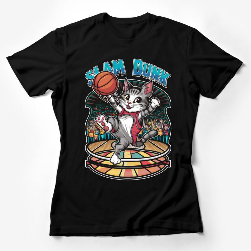 Slam Dunk Cat T-Shirt, Cool Basketball Kitten Tee, Fun Sports Feline Graphic Shirt, Unisex Casual Apparel Female T-Shirt