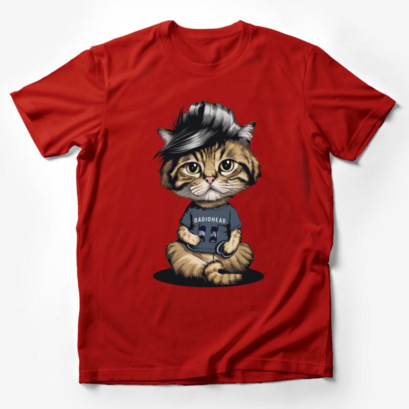 Hipster Cat T-Shirt, Cool Cat with Hair and Radiohead Tee, Unisex Graphic Tee, Music Lover Gift, Casual Trendy Shirt for Cat Fans Male T-Shirt