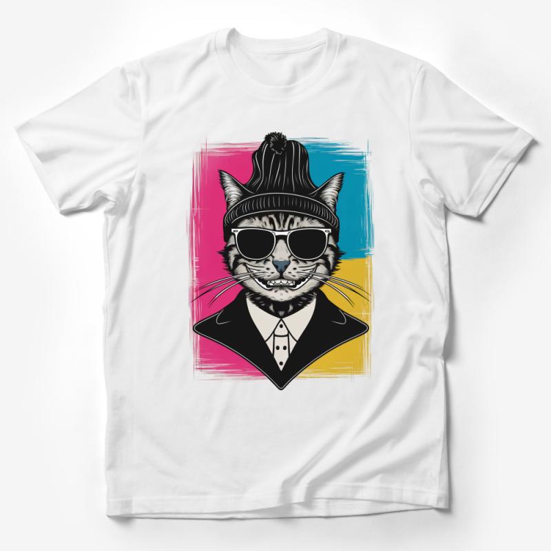 Hipster Cat T-Shirt, Cool Cat with Sunglasses and Hat, Unique Graphic Tee, Animal Print Shirt for Cat Lovers Male T-Shirt