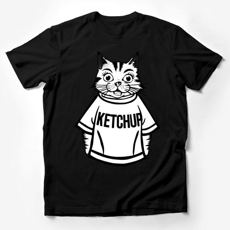 Cat Ketchup T-Shirt, Funny Cat Shirt, Black and White Graphic Tee, Unisex Adult Clothing, Casual Novelty Wear, Gift for Cat Lovers Male T-Shirt