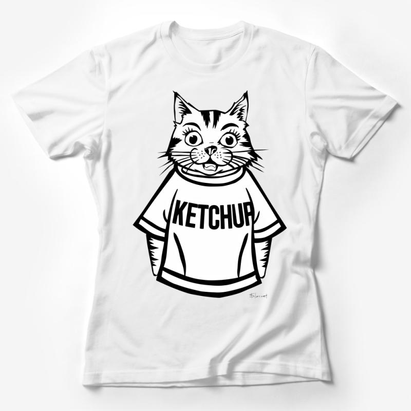 Cat Ketchup T-Shirt, Funny Cat Shirt, Black and White Graphic Tee, Unisex Adult Clothing, Casual Novelty Wear, Gift for Cat Lovers Female T-Shirt