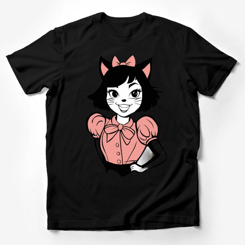 Vintage-Inspired Cat Girl Cartoon Character T-Shirt, Cute Feline Graphic Tee, Retro Style Casual Top, Gift for Cartoon Lovers Male T-Shirt