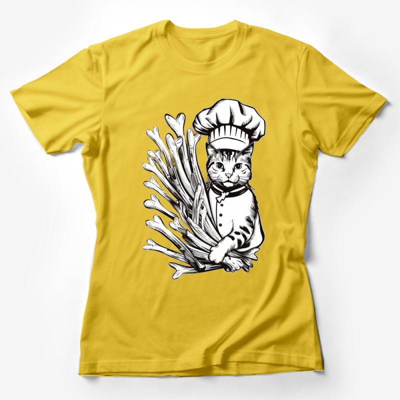 Chef Cat T-Shirt, Quirky Culinary Feline Graphic Tee, Unique Cat Lover Kitchen Apparel, Whimsical Cook Cat Illustration Female T-Shirt