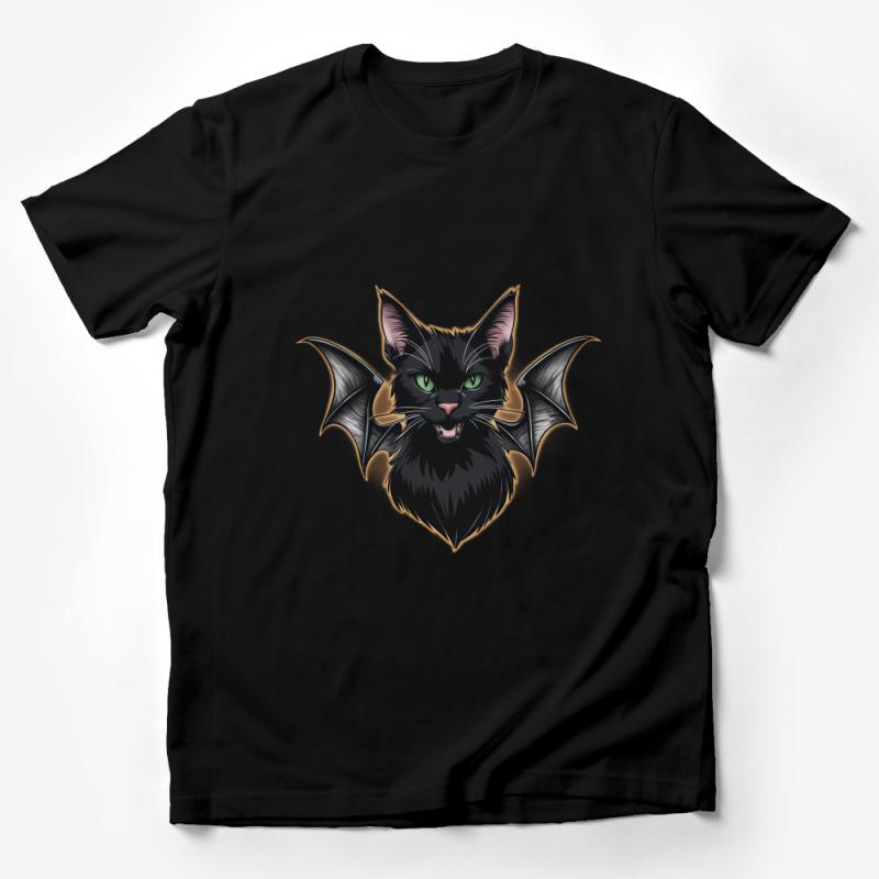 Black Cat Bat Wings Gothic T-Shirt, Unisex Fantasy Graphic Tee, Halloween Vampire Kitty Shirt, Unique Gift Male T-Shirt