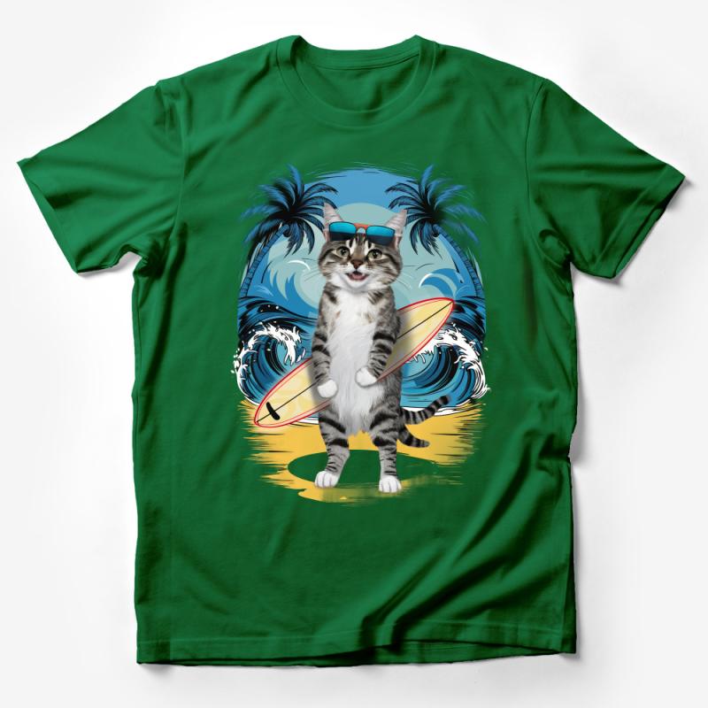 Beach Cat T-Shirt, Cool Cat with Surfboard Graphic Tee, Unisex Summer Casual Shirt, Tropical Feline Surfer Top, Gift for Cat Lovers Male T-Shirt