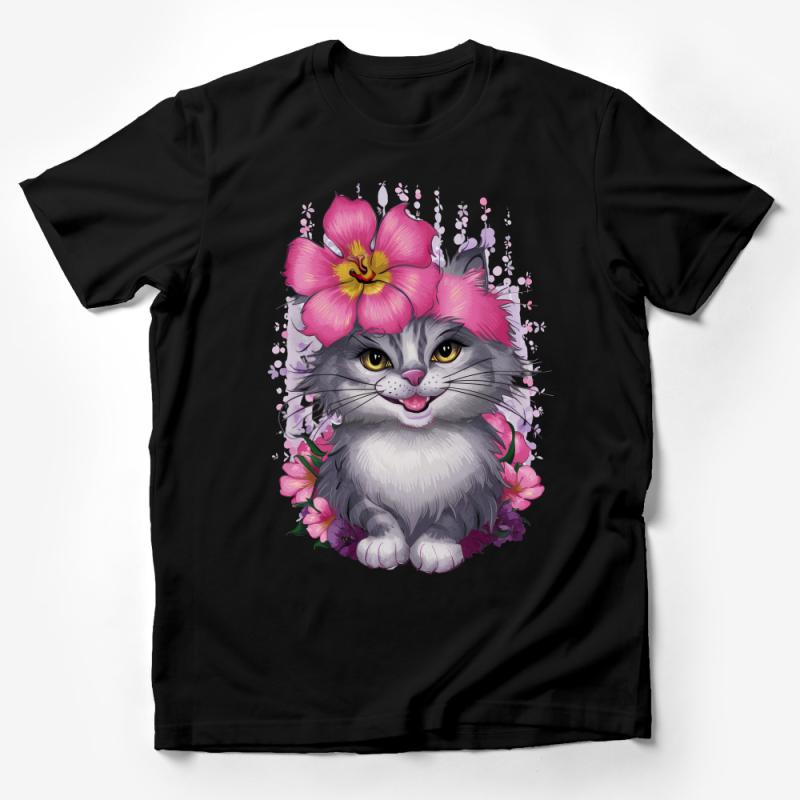 Floral Cat T-Shirt, Cute Kitten with Pink Flowers Graphic Tee, Animal Lover Gift, Unisex Shirt Male T-Shirt