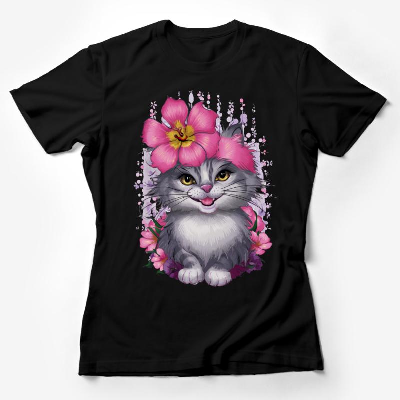 Floral Cat T-Shirt, Cute Kitten with Pink Flowers Graphic Tee, Animal Lover Gift, Unisex Shirt Female T-Shirt