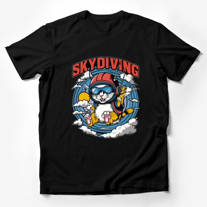 Skydiving Cat T-Shirt, Funny Parachute Kitty Graphic Tee, Unique Skydive Lover Gift, Unisex Cotton Shirt Male T-Shirt