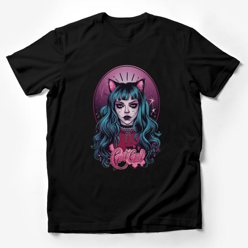 Fantasy Cat Girl Graphic Tee, Women's Mystical Art T-Shirt, Witchy Gothic Style Top, Celestial Feline Tee Male T-Shirt