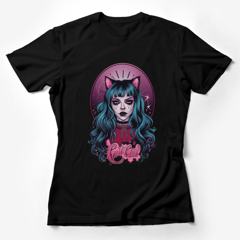 Fantasy Cat Girl Graphic Tee, Women's Mystical Art T-Shirt, Witchy Gothic Style Top, Celestial Feline Tee Female T-Shirt