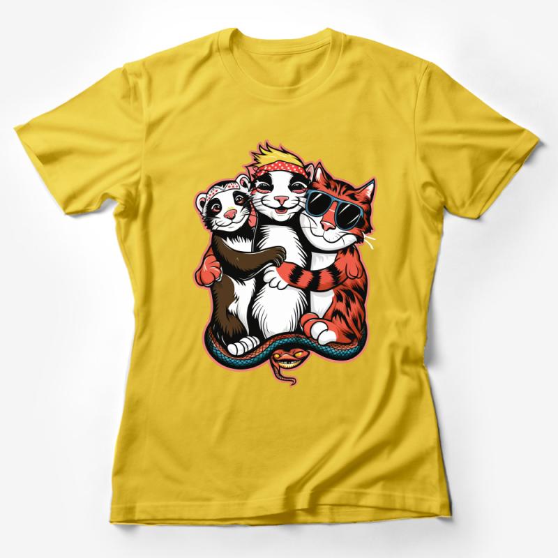 Cool Cats and Ferrets Friends T-Shirt, Fun Animal Graphic Tee, Unisex Casual Shirt for Pet Lovers Female T-Shirt