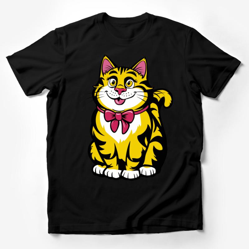 Cute Yellow Tabby Cat T-Shirt, Smiling Cat with Red Bow, Unisex Graphic Tee, Animal Lover Gift, Casual Shirt for Cat Owners Male T-Shirt