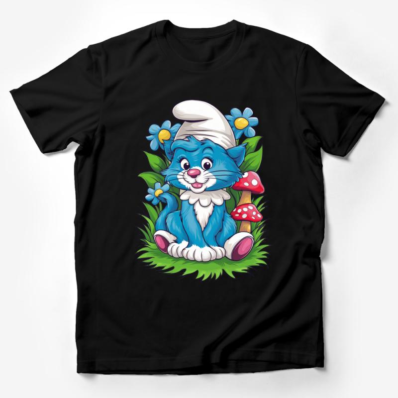 Cute Cartoon Cat T-Shirt, Blue Kitten with Flowers Graphic Tee, Unisex Kids and Adult Casual Wear, Summer Vibes Top, Whimsical Animal Shirt Male T-Shirt