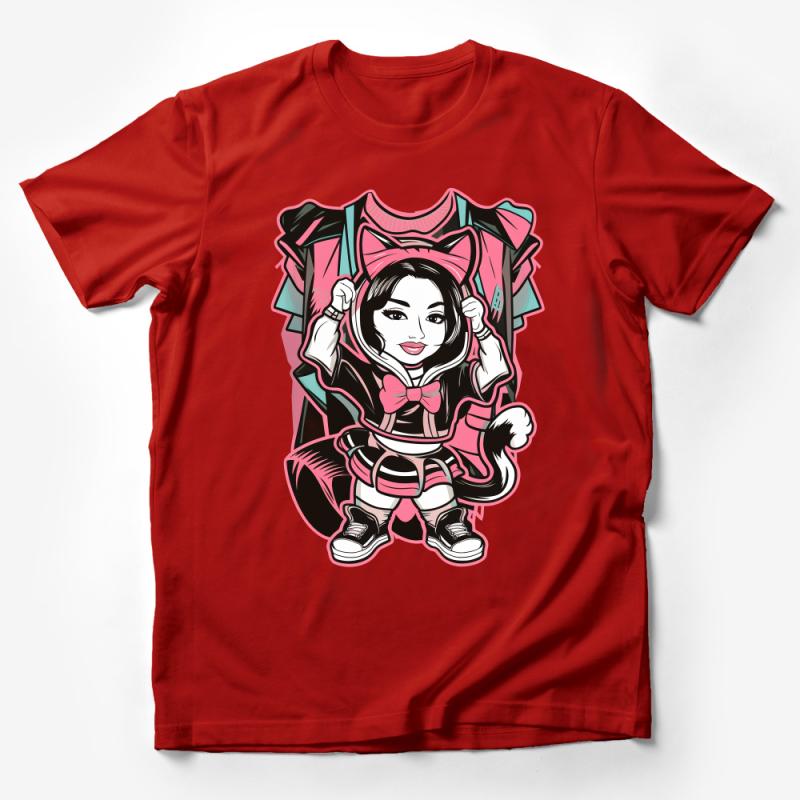 Cute Cat Ears Hoodie Girl T-Shirt, Unique Anime Style Graphic Tee, Fun Casual Streetwear, Vibrant Manga Illustration Top Male T-Shirt