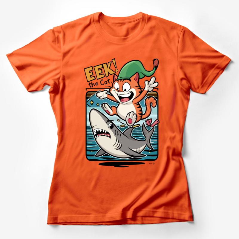 Eek The Cat Riding Shark T-Shirt, Funny Cartoon Graphic Tee, Unisex Vintage Style Shirt, Quirky Animal Comic Top, Unique Gift Idea Female T-Shirt