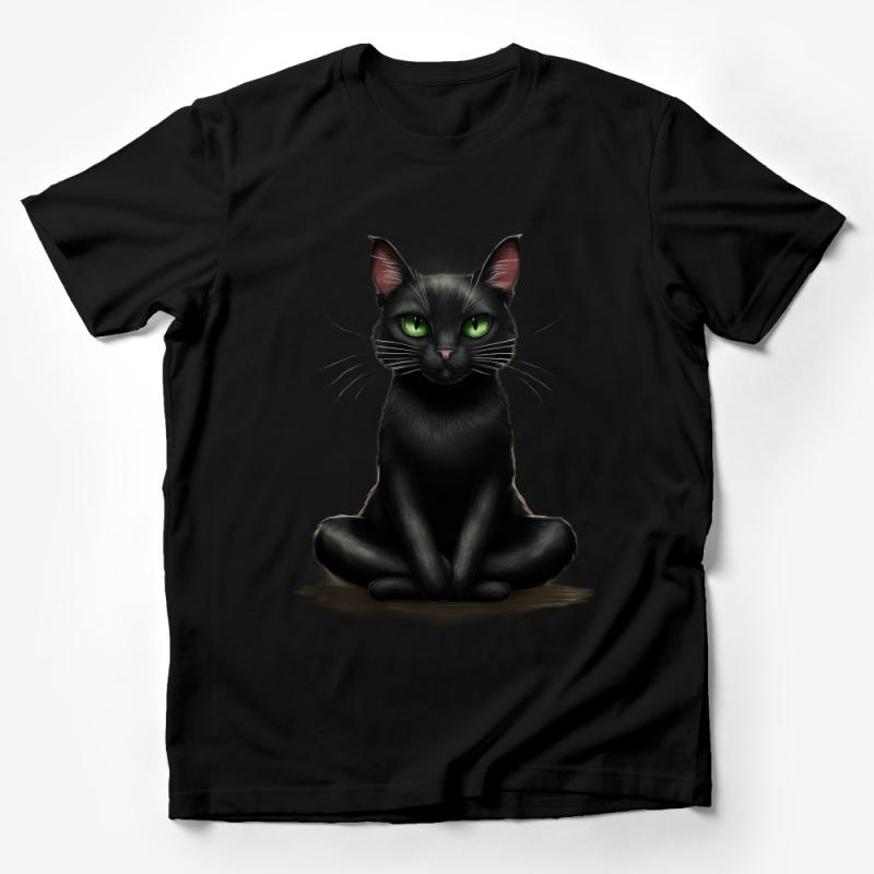 Black Cat T-Shirt, Green Eyes Feline Tee, Animal Lover Gift, Pet Illustration Shirt, Unisex Cat Graphic Tee, Casual Wear, Cat Lady Top Male T-Shirt